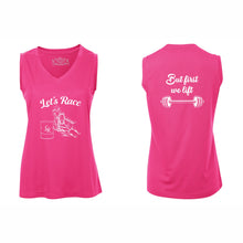 Load image into Gallery viewer, LADIES' PRO TEAM SLEEVELESS V-NECK TEE - L3527 - LET'S RACE - HP "BUT FIRST WE LIFT"